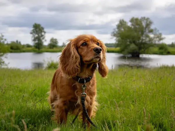 河边草地中的英国可卡犬
