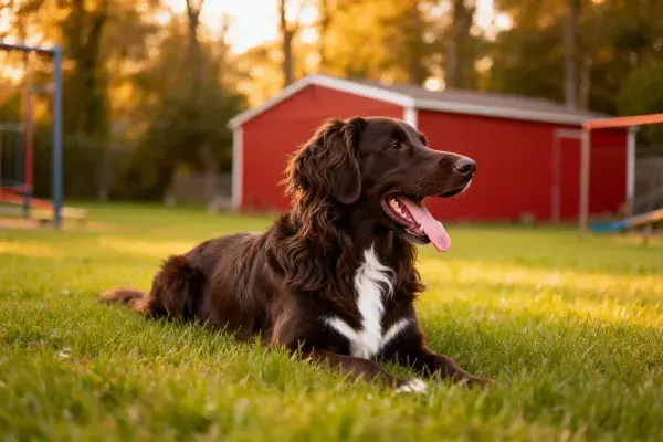 长草地上爱尔兰赛特犬与红色建筑场景