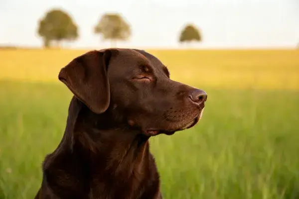 草地暖光下巧克力拉布拉多犬特写