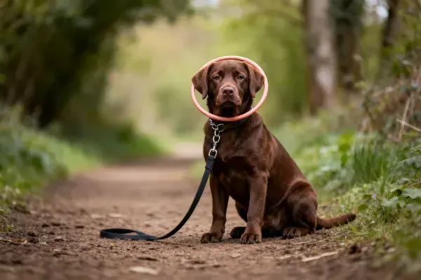 巧克力色拉布拉多犬于林间小径