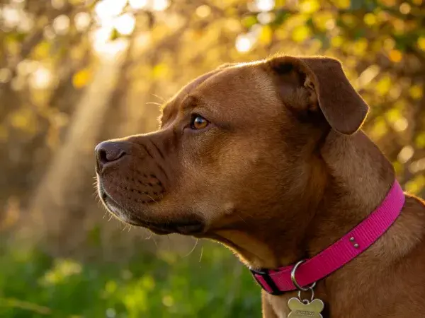 红色短毛犬侧脸特写于树林光影中
