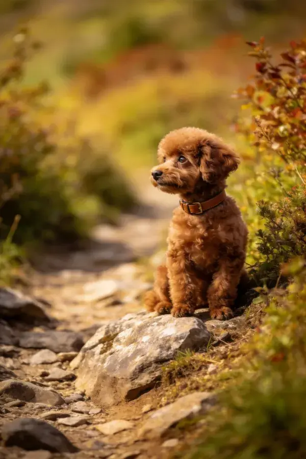 秋日山径上的红棕色迷你贵宾犬