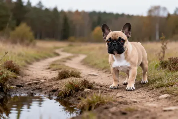 泥土小径上的法国斗牛犬