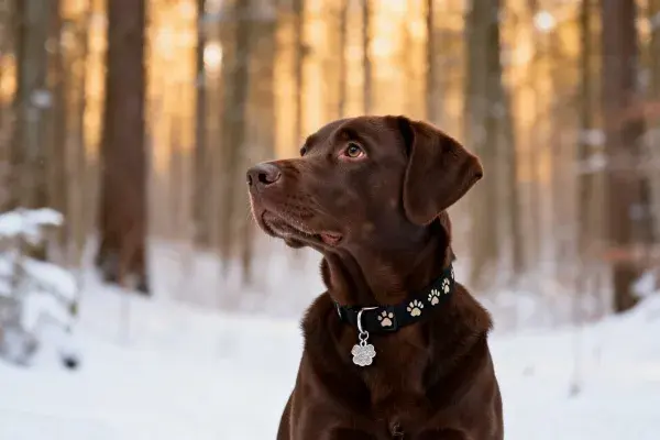 巧克力拉布拉多犬凝望雪林瞬间