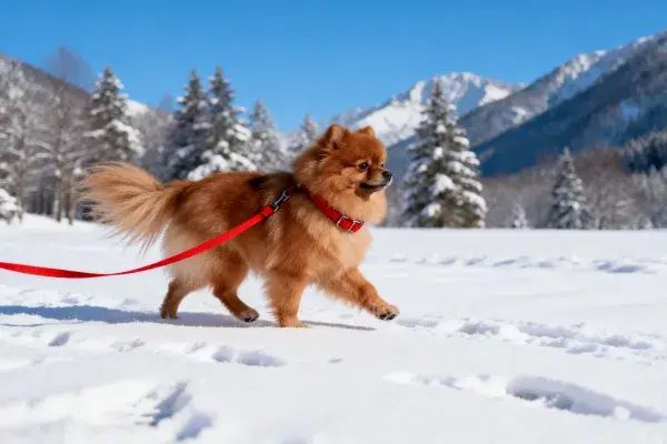 雪地山林间的博美犬漫步场景