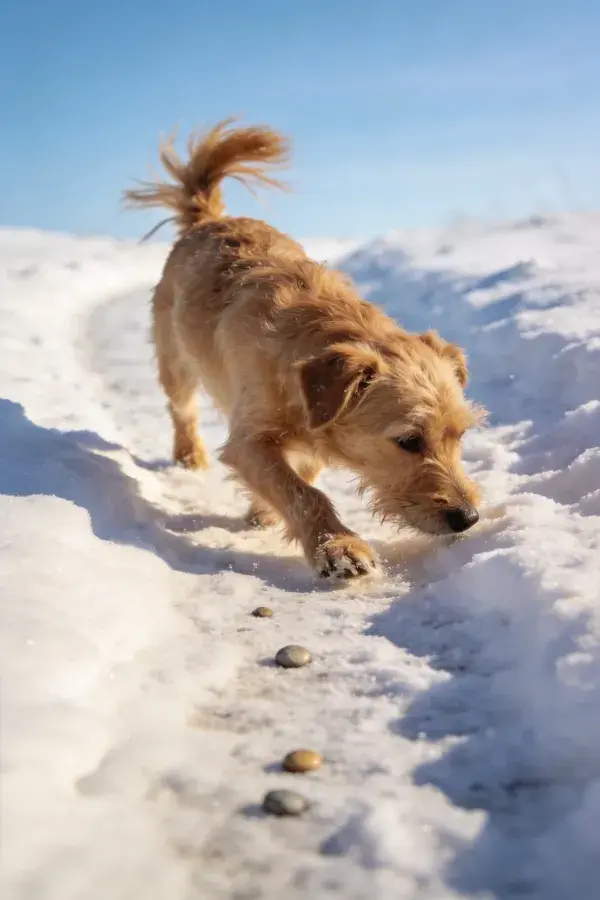 雪地中行走的小型梗犬