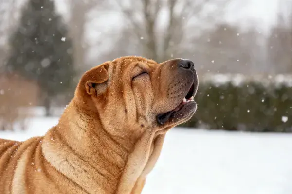 雪地中抬头张望的中国沙皮犬