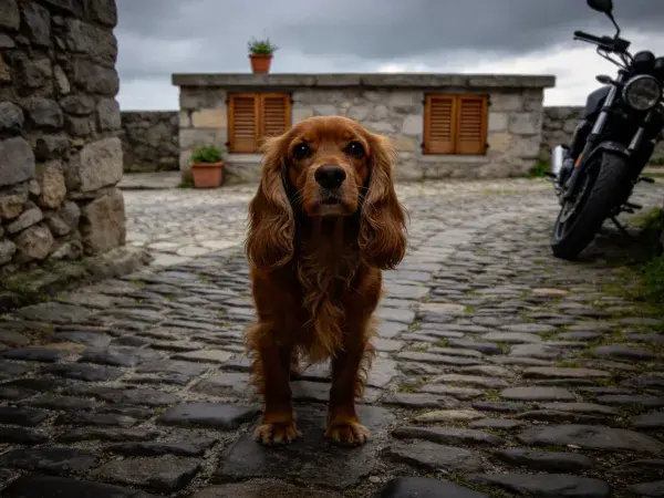 石板路环境下的可卡犬特写