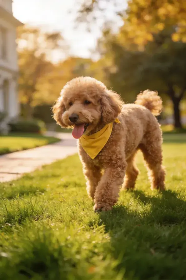 阳光下草地上的贵宾犬行走场景