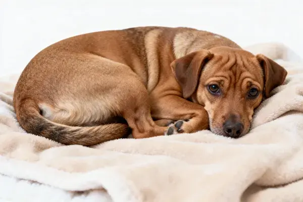 混血小型犬卧于浅色毯子上