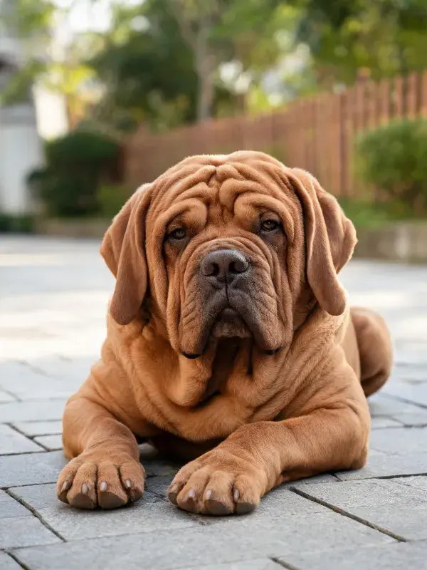 波尔多犬趴在砖石路面