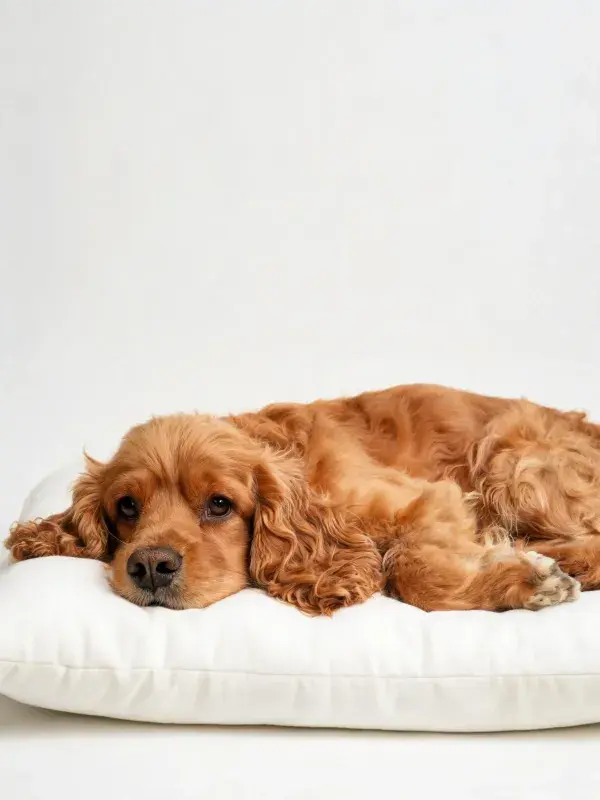可卡犬躺卧白色白色软垫上的瞬间