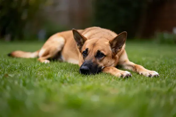 德国牧羊犬在草坪趴卧
