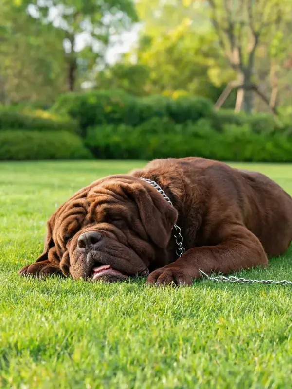静态捕捉的波尔多獒犬在草坪上休息的场景