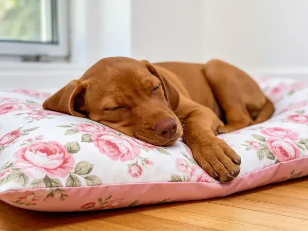 红棕色短毛犬在花卉宠物垫上休息的场景