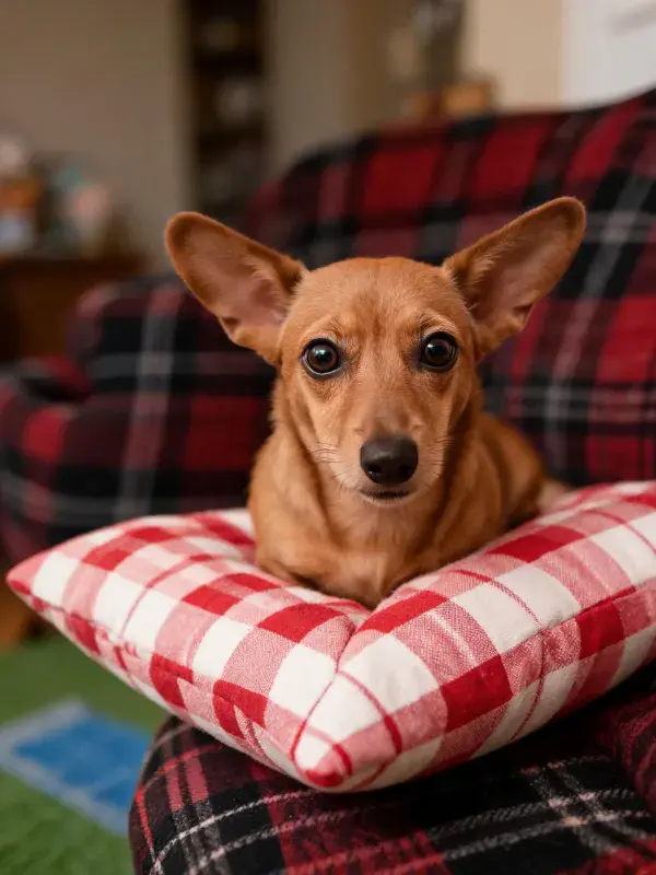 室内格子布椅上迷你品犬躺卧特写