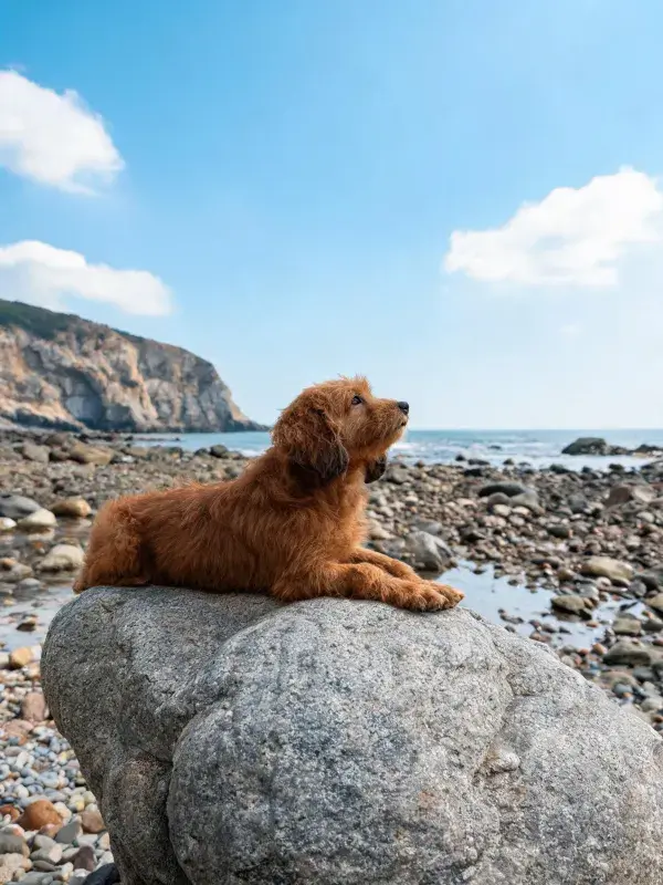 金毛贵宾混血犬岩石海岸休憩