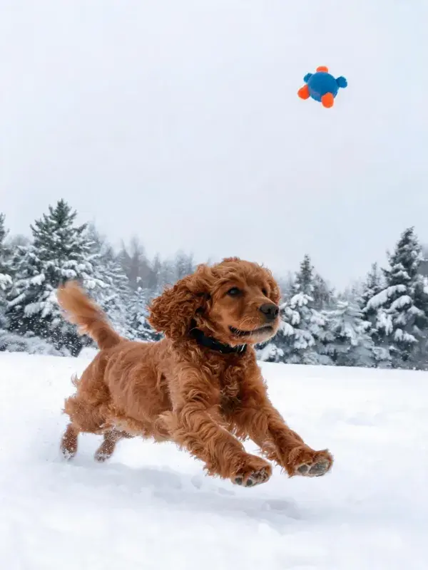 雪地中跳跃的可卡犬玩耍场景