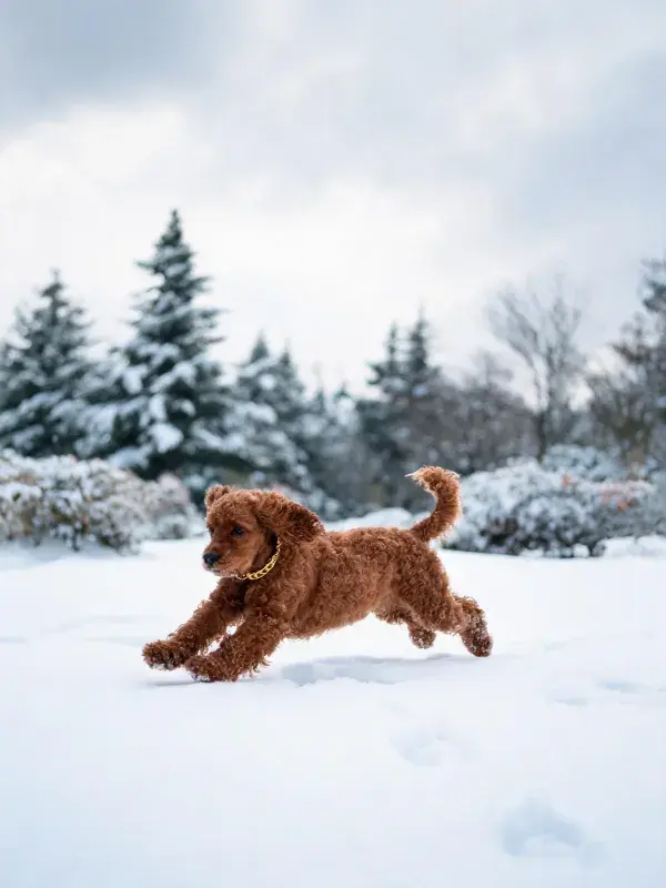玩具贵宾犬雪地奔跑场景