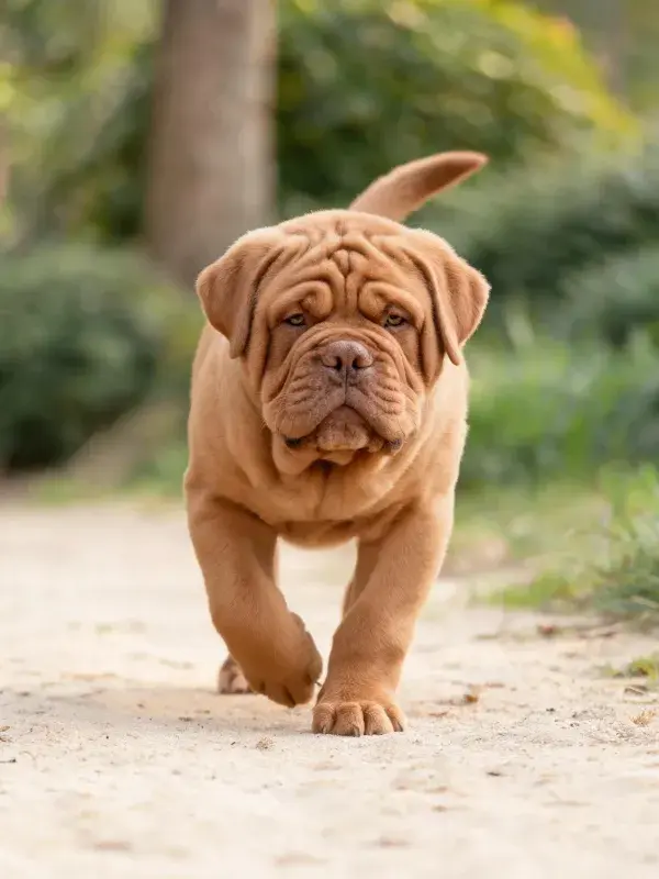 道伯曼犬幼犬在砂石路的行走场景