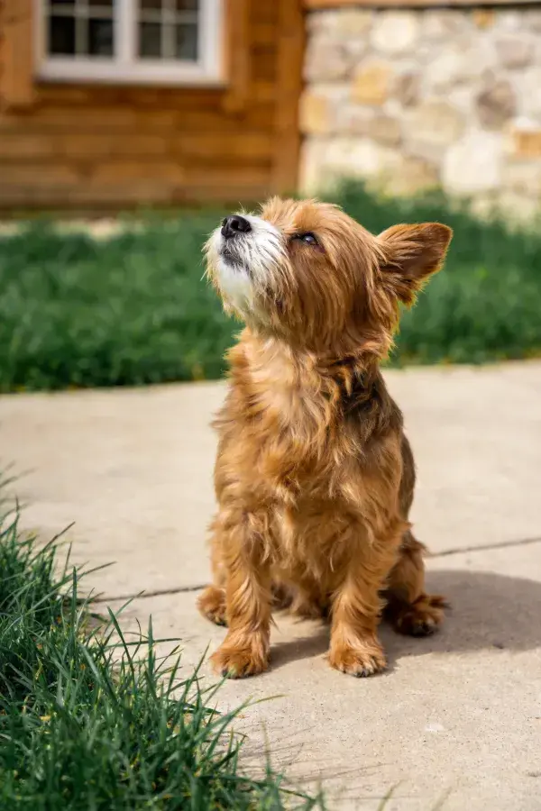 小型硬毛犬抬头凝视场景