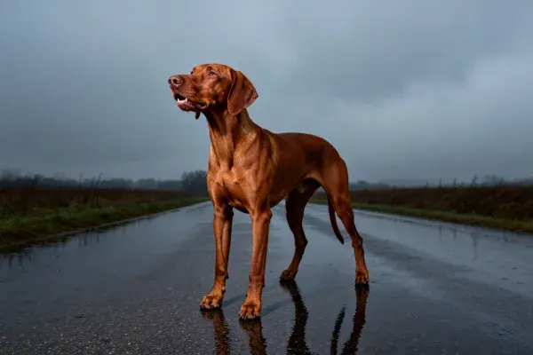 维兹拉犬站立在潮湿道路场景中