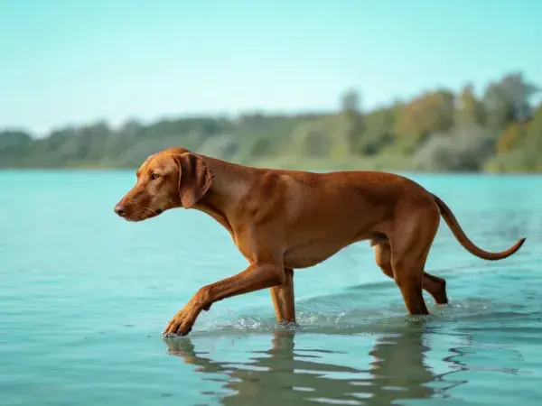 红棕色罗德西亚脊背犬涉水动态特写