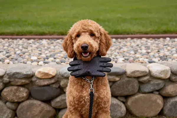 石墙旁的贵宾拉布拉多混种犬