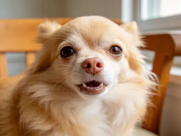 长椅旁的小型贵宾吉娃娃混种犬特写