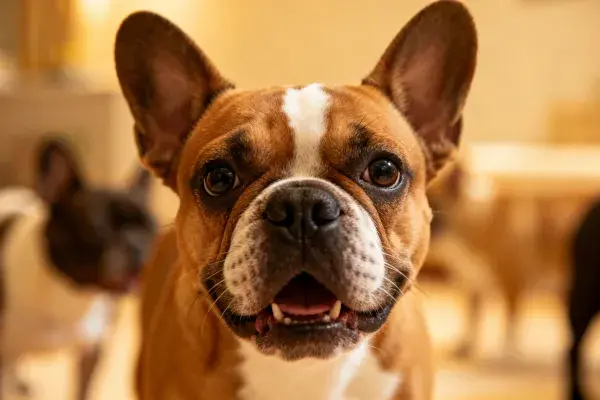 室内环境中两只法国斗牛犬互动场景