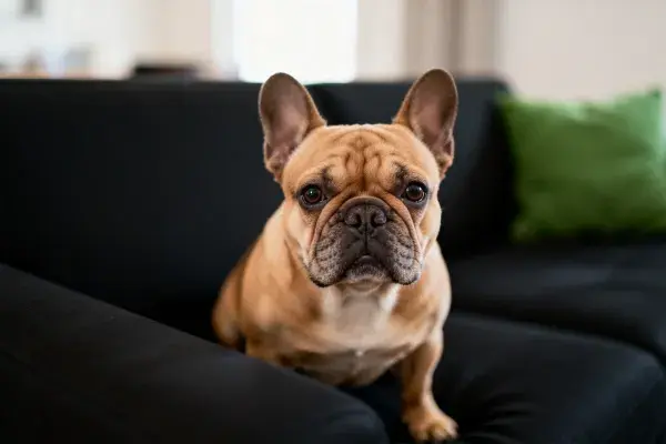 黑色沙发上的法国斗牛犬