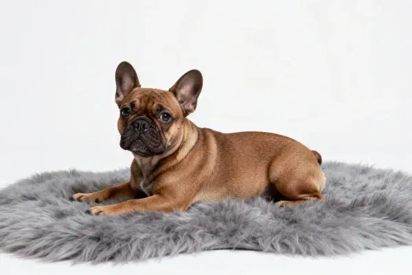 法国斗牛犬在灰色绒毯上的特写镜头