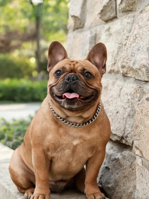法国斗牛犬在石墙旁的户外特写