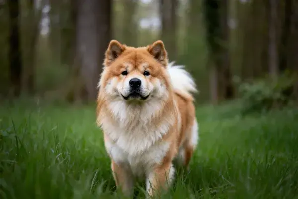 阔叶林草地中的柴犬特写