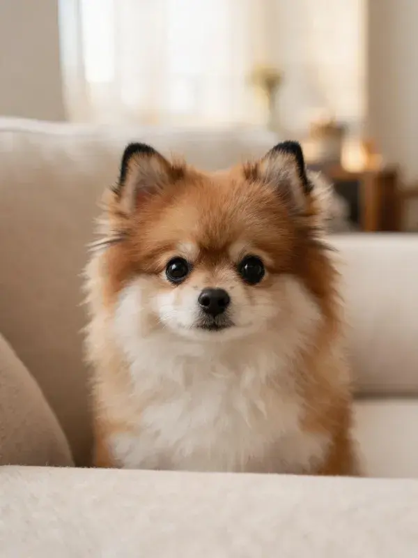 室内沙发间的小型博美犬特写