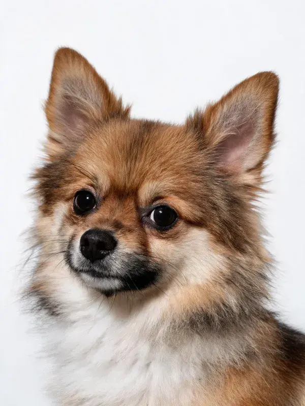 白色背景下博美犬特写画面