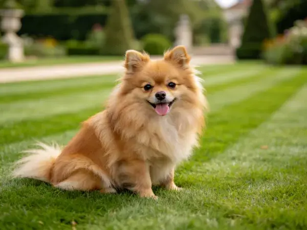 修剪整齐草坪上的博美犬