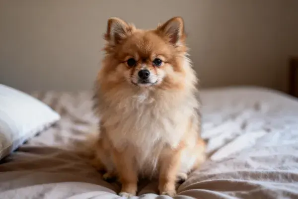 博美犬在床铺上的特写