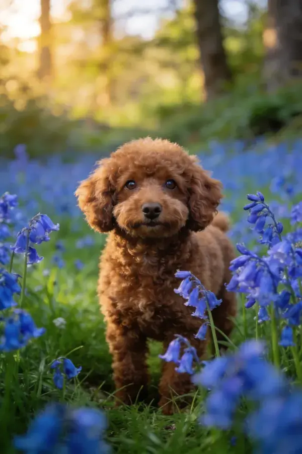 卷毛贵宾犬静立蓝花丛中