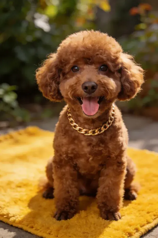 户外黄色地毯上的贵宾犬