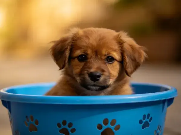 短毛混种幼犬在蓝色容器中的特写