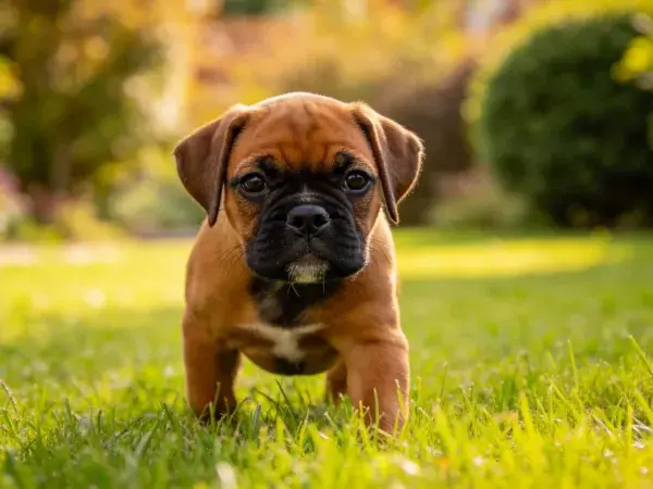 暖光草坪上的拳师犬幼崽特写