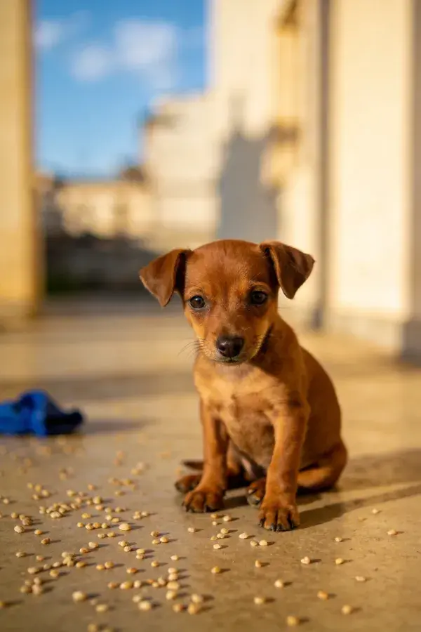 短毛小型猎犬坐于地面场景