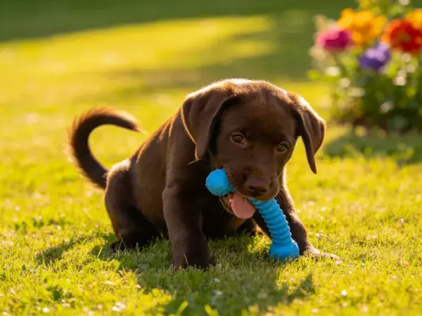 巧克力拉布拉多幼犬咬玩具于草坪上