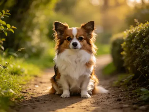 小径上静止的小型长毛犬