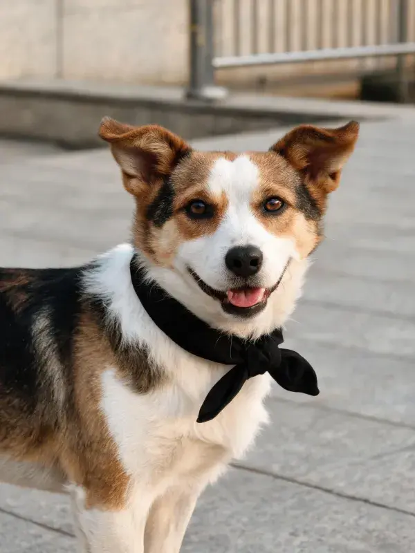 阳光下戴围巾的混血牧羊犬特写