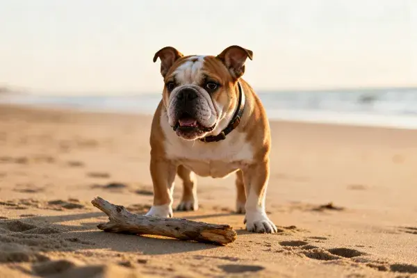 英国斗牛犬注视沙滩木块