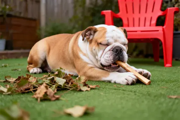 英国斗牛犬啃木棍的瞬间