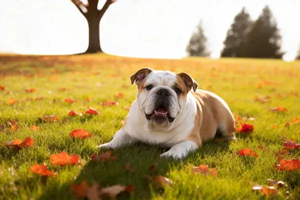 草地上的英国斗牛犬休憩场景