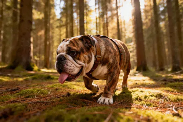 森林中漫步的英国斗牛犬